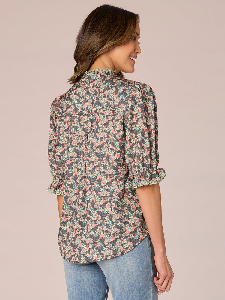 Olive Coral Multi Elbow Banded Puff Sleeve Floral Print Button Front Eyelet Ruffle Collar Neck Woven Top