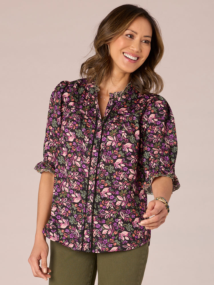 Sunset Purple Black Multi Elbow Banded Puff Sleeve Floral Print Button Front Eyelet Ruffle Collar Neck Woven Top
