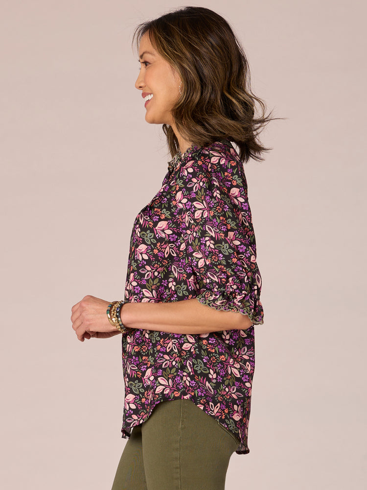 Sunset Purple Black Multi Elbow Banded Puff Sleeve Floral Print Button Front Eyelet Ruffle Collar Neck Woven Top