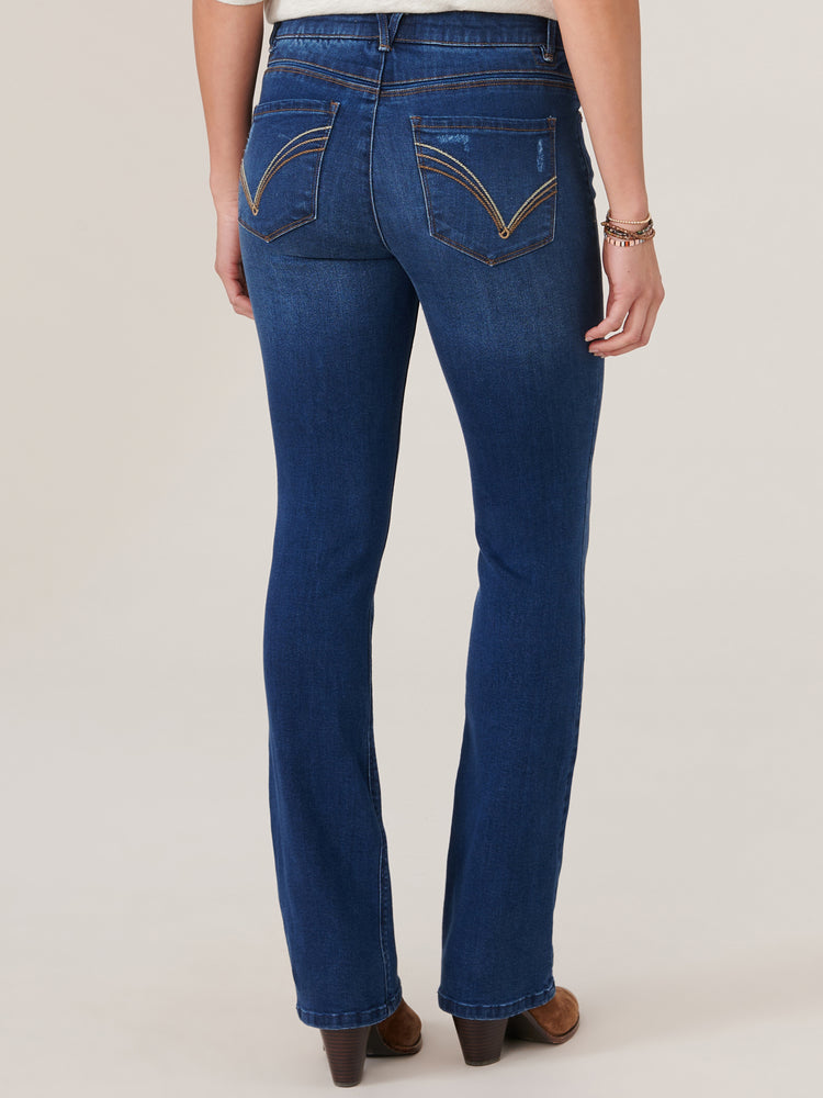 
            
                Load image into Gallery viewer, Blue Artisanal Denim Absolution High Rise Itty Bitty Boot Cascading Embroidered D Jeans
            
        