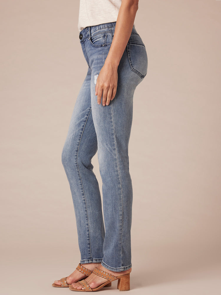 Booty Lift Absolution Distressed Blue Vintage Denim Straight Leg Jeans