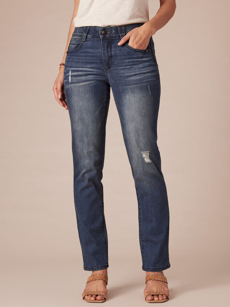 Absolution Blue Vintage Stretch Denim Distressed Straight Leg Jeans Women’s Petite Booty Lift