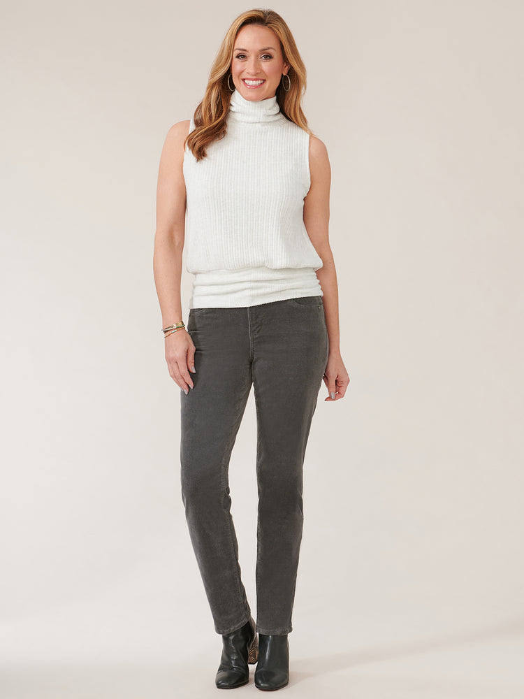 
            
                Load image into Gallery viewer, Heather Off White Sleeveless Turtleneck Banded Hem Knit Top
            
        