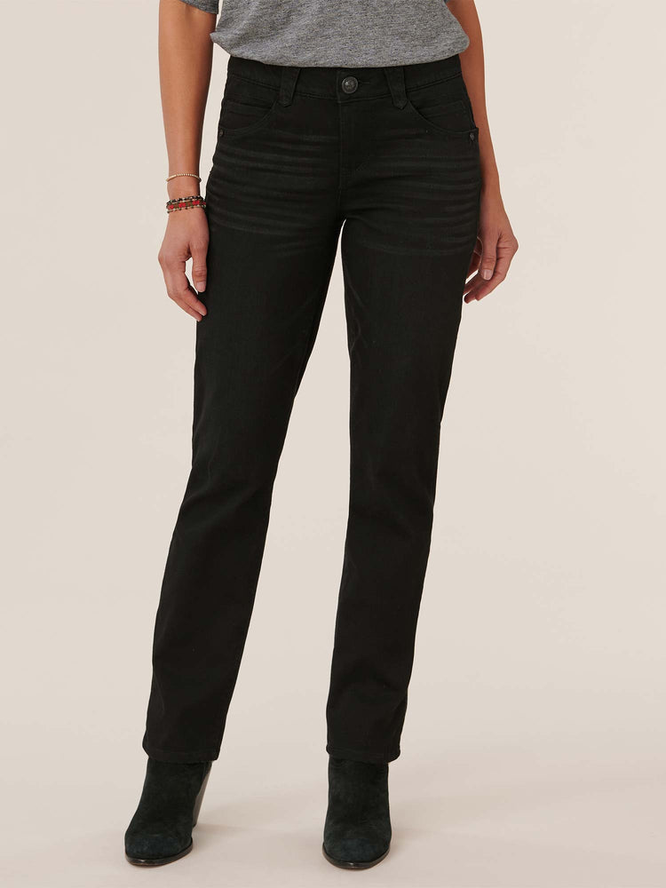 Absolution stretch denim black straight leg jeans with whiskering