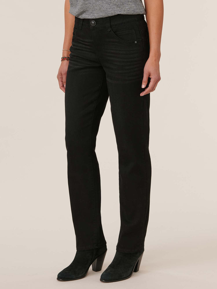 Absolution stretch denim black straight leg jeans with whiskering
