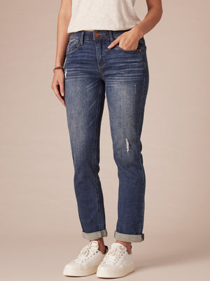 "Ab"solution Cuffed Stretch Blue Denim Distressed Luxe Premium Authentic Denim Jean Pants Girlfriend Jeans Boyfriend