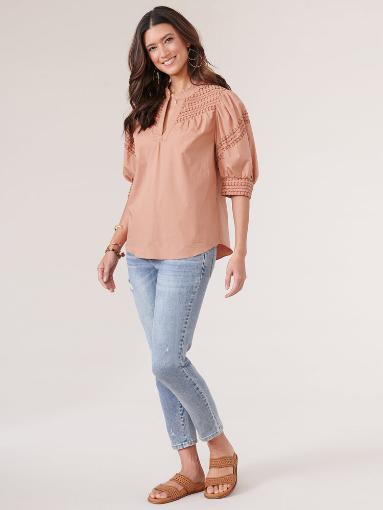 Below Elbow Puff Sleeve Split Neck Embroidered Cotton Sienna Clay Woven Top