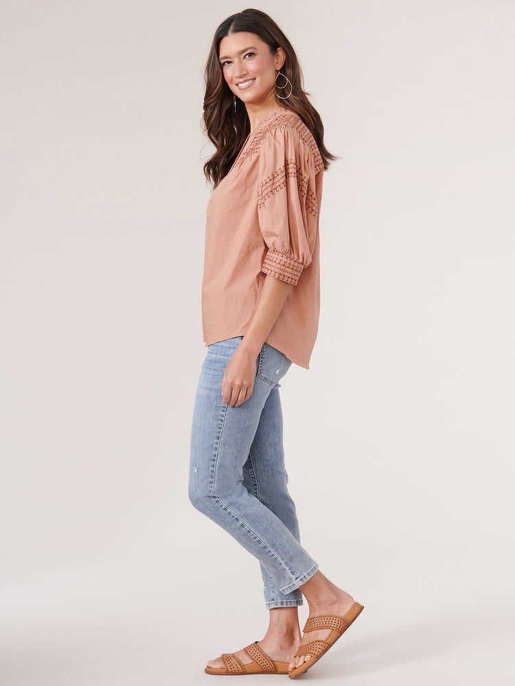 Below Elbow Puff Sleeve Split Neck Embroidered Cotton Sienna Clay Woven Top