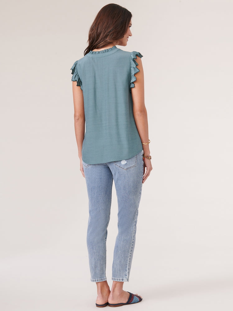 
            
                Load image into Gallery viewer, Blue Spruce Die Cut Embroidered Edge Flutter Sleeve V Placket Woven Top
            
        