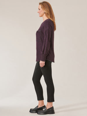 Heather Pickled Beet Long Banded Sleeve Scoop Neck Metallic Seaming Pocket Knit Top