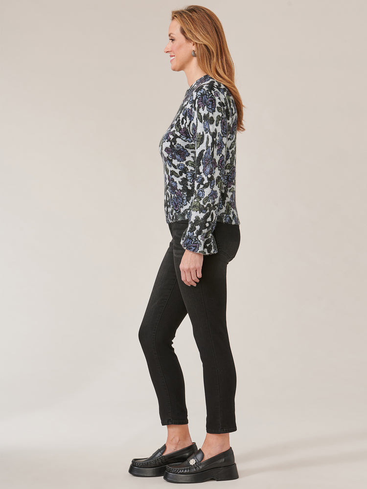Long Flounce Sleeve High Round Neck Floral Print Sweater