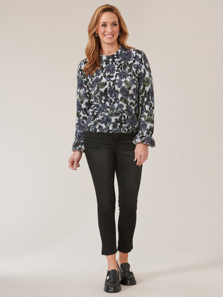 Heather Grey Blue Multi Floral Print Long Flounce Sleeve High Round Neck Petite Sweater