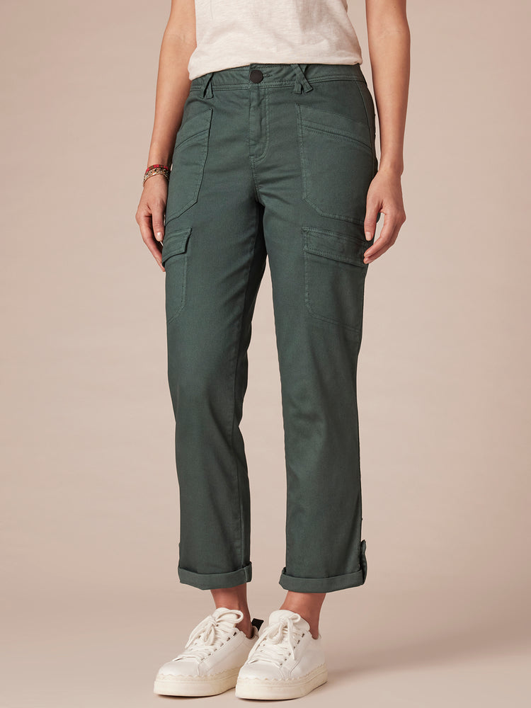 "Ab"solution High Rise Roll Cuff Cargo Pocket Utility Agave Colored Pants