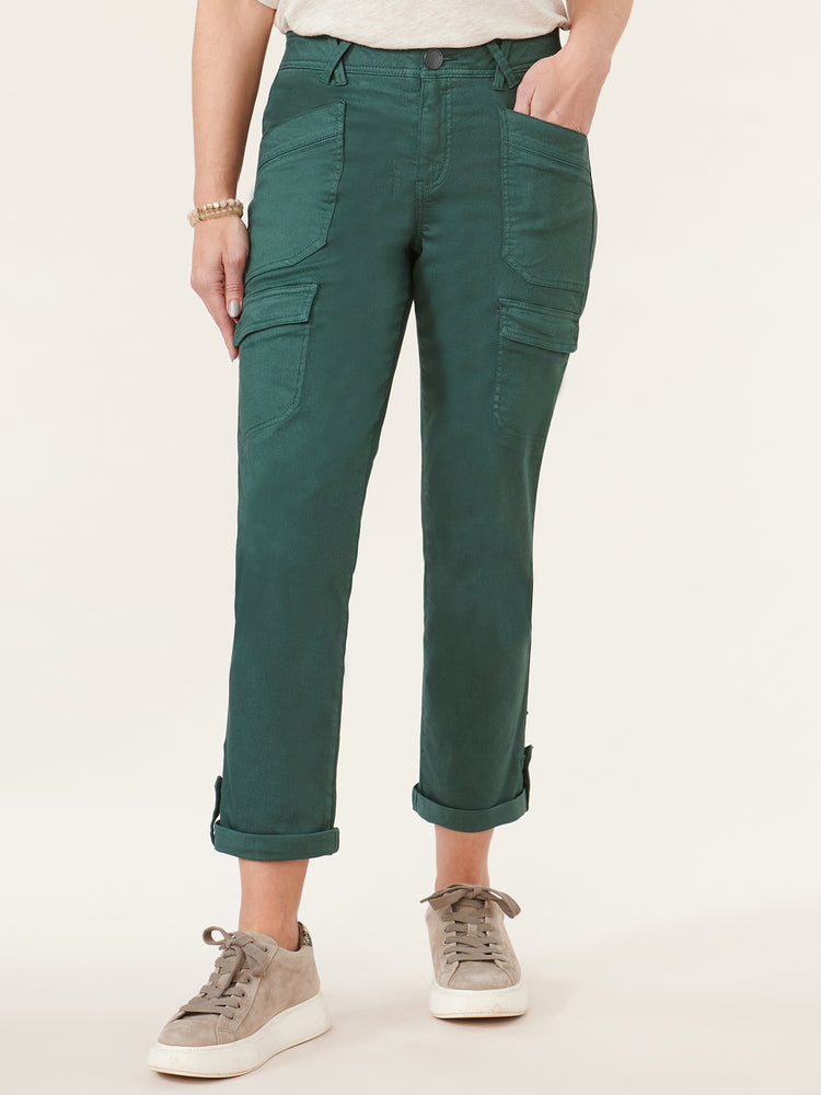 "Ab"solution High Rise Roll Cuff Cargo Pocket Utility Dusty Spruce Green Colored Pants