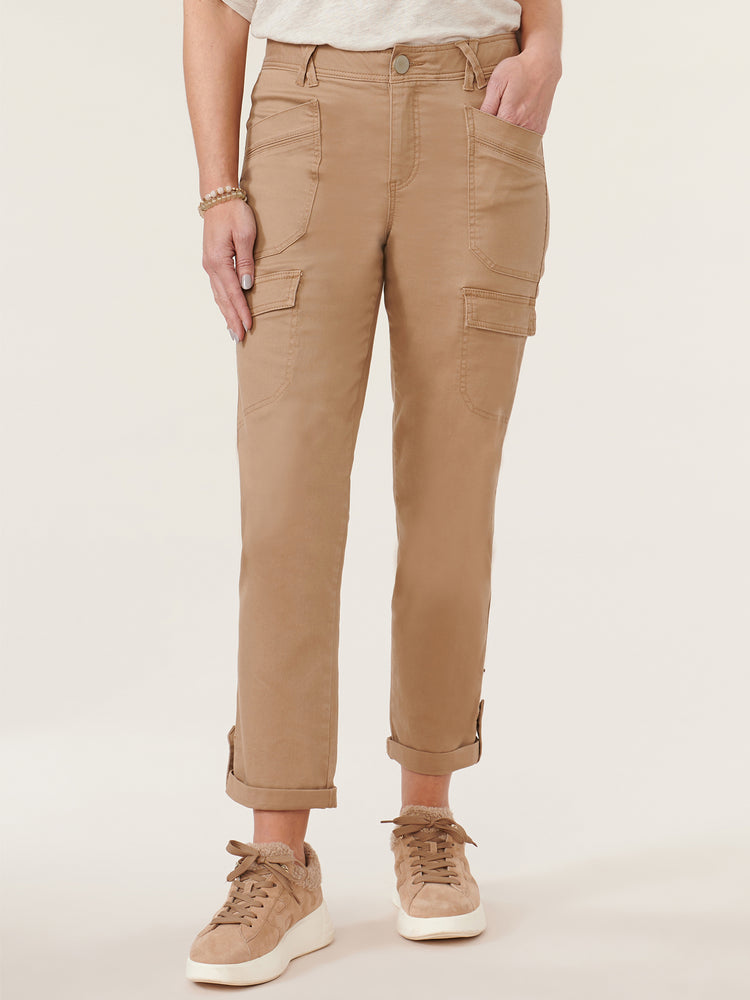 "Ab"solution High Rise Roll Cuff Cargo Pocket Utility Peanut Butter Tan Colored Pants