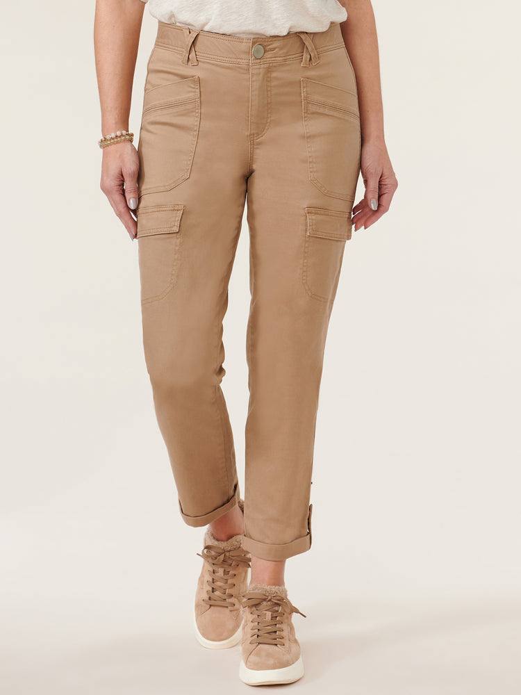 "Ab"solution High Rise Roll Cuff Cargo Pocket Utility Peanut Butter Tan Colored Pants