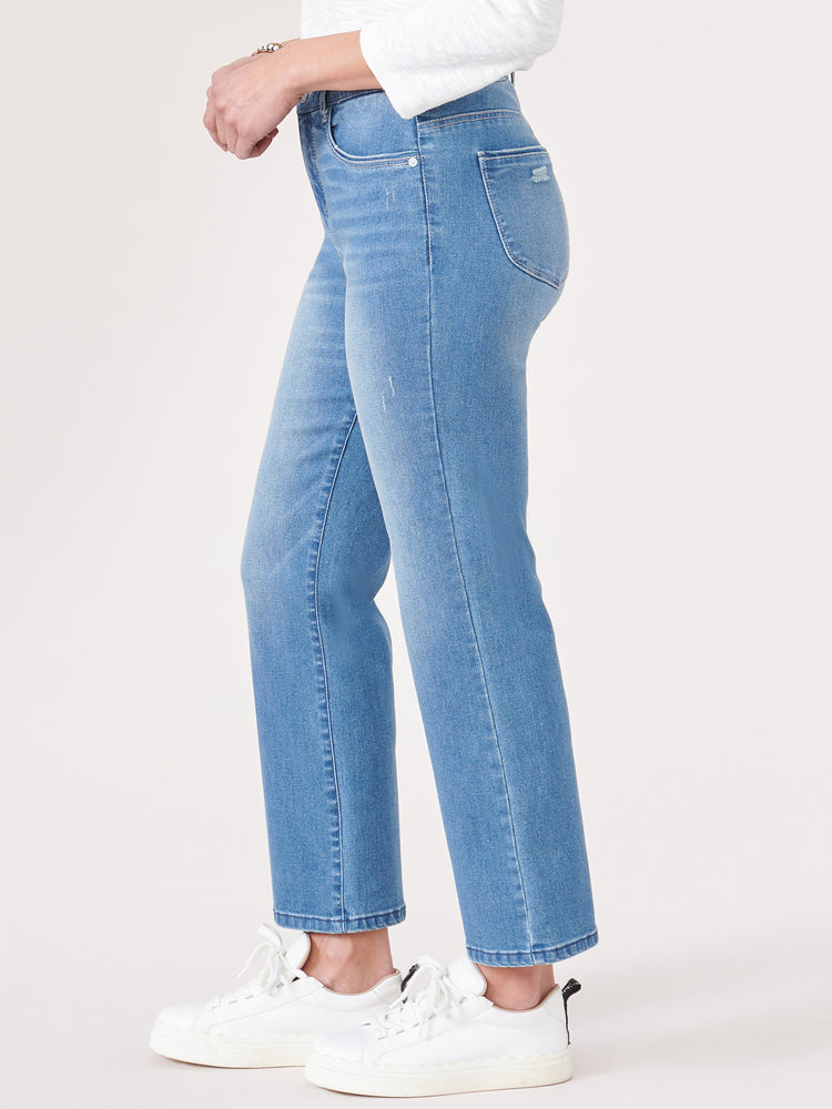 
            
                Load image into Gallery viewer, &amp;quot;Ab&amp;quot;solution Blue Denim High Rise Cropped Barely Boot Jeans
            
        
