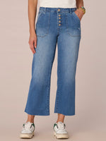 Blue Denim Absolution High Rise Button Fly Porkchop Front Pocket Raw Flare Hem Pulled String Jeans