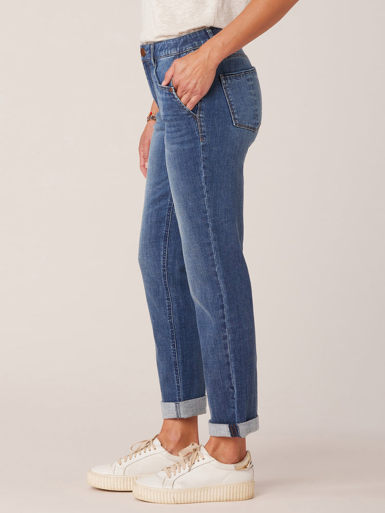Blue Artisanal Absolution Mid Rise Roll Cuff V-Yoke Side Entry Pocket Girlfriend Jeans