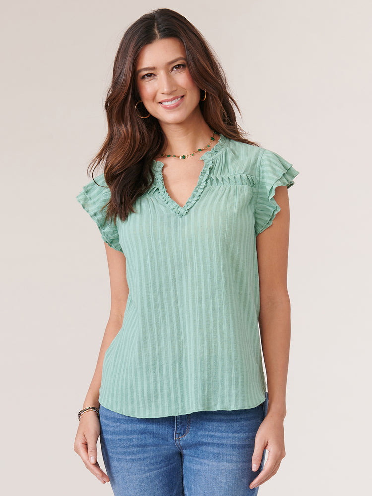 Marble Green Double Flutter Short Sleeve Ruffle Neck Striped Woven Top