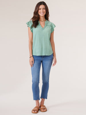 
            
                Load image into Gallery viewer, Marble Green Double Flutter Short Sleeve Ruffle Neck Striped Woven Top
            
        