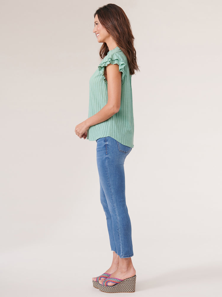 
            
                Load image into Gallery viewer, Marble Green Double Flutter Short Sleeve Ruffle Neck Striped Woven Top
            
        
