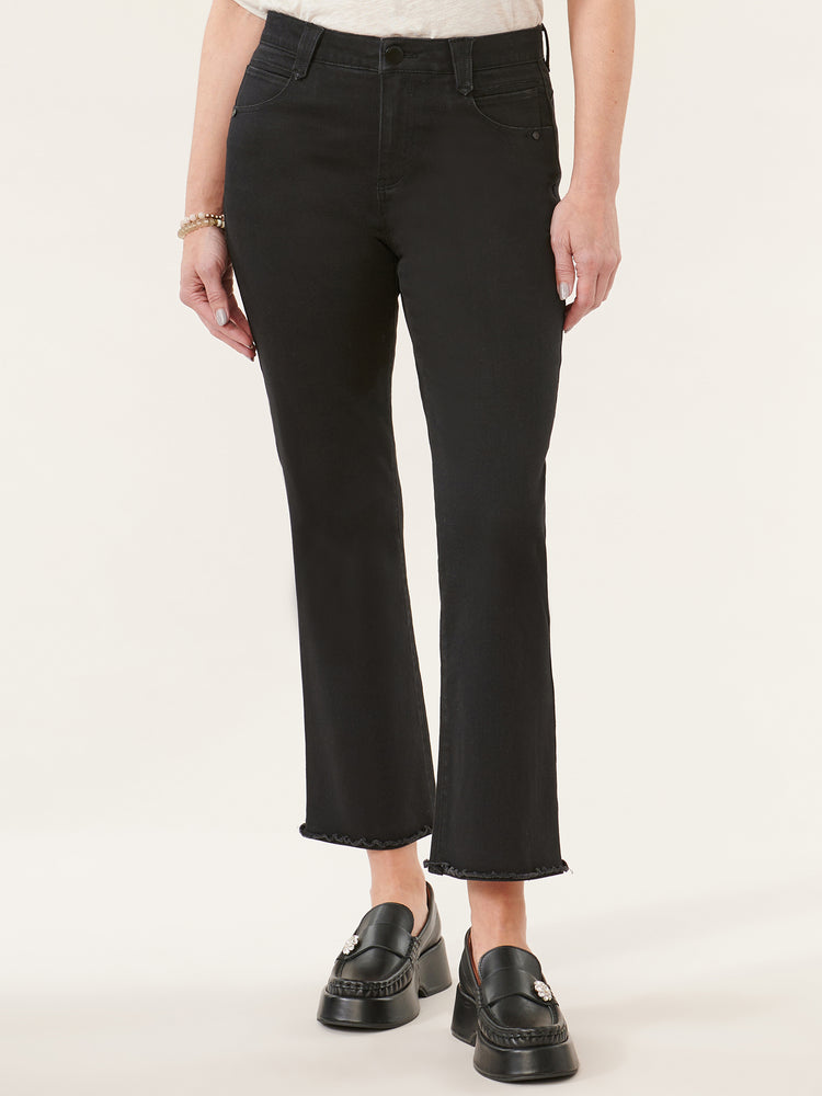 
            
                Load image into Gallery viewer, Black Denim &amp;quot;Ab&amp;quot;solution High Rise Fray Hem Itty Bitty Flare Cropped Jeans
            
        