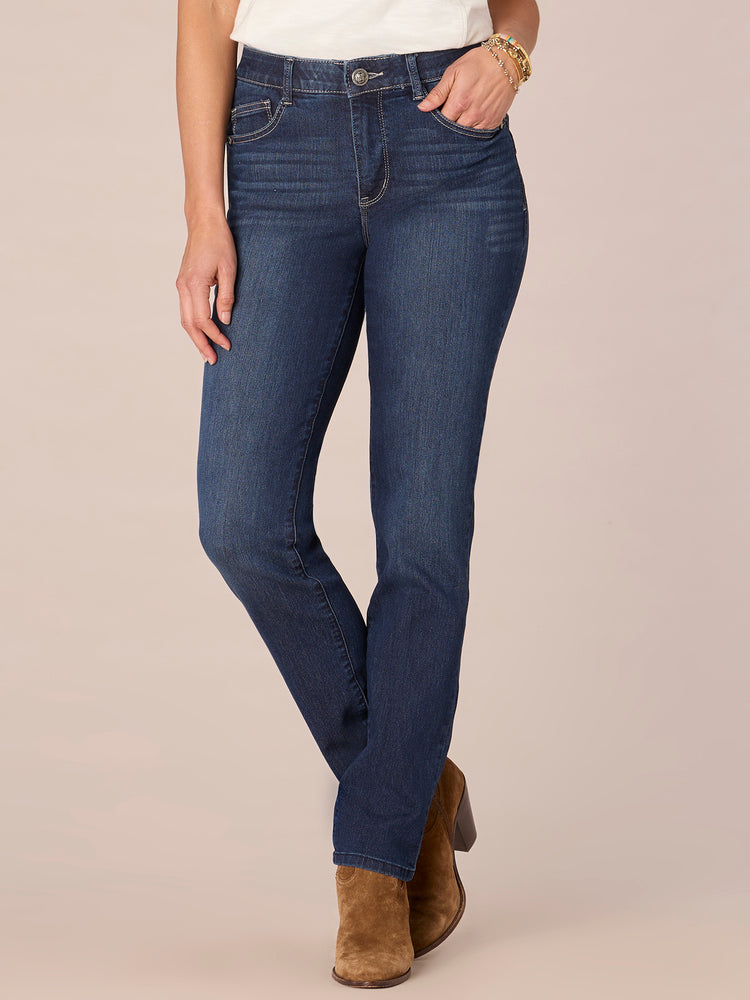 
            
                Load image into Gallery viewer, Tall Indigo High Rise &amp;quot;Ab&amp;quot;solution Straight Leg Denim Jeans
            
        