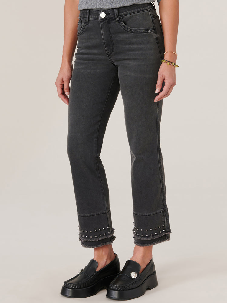 Black "Ab"solution Mid-Rise Kick Flare Double Layer Fray Studded Hem Jeans