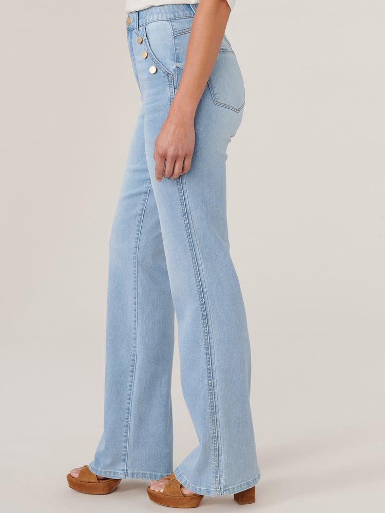 Powder Blue Artisanal Denim Absolution Skyrise Long Flare Angled Button Lined Pocket Jean