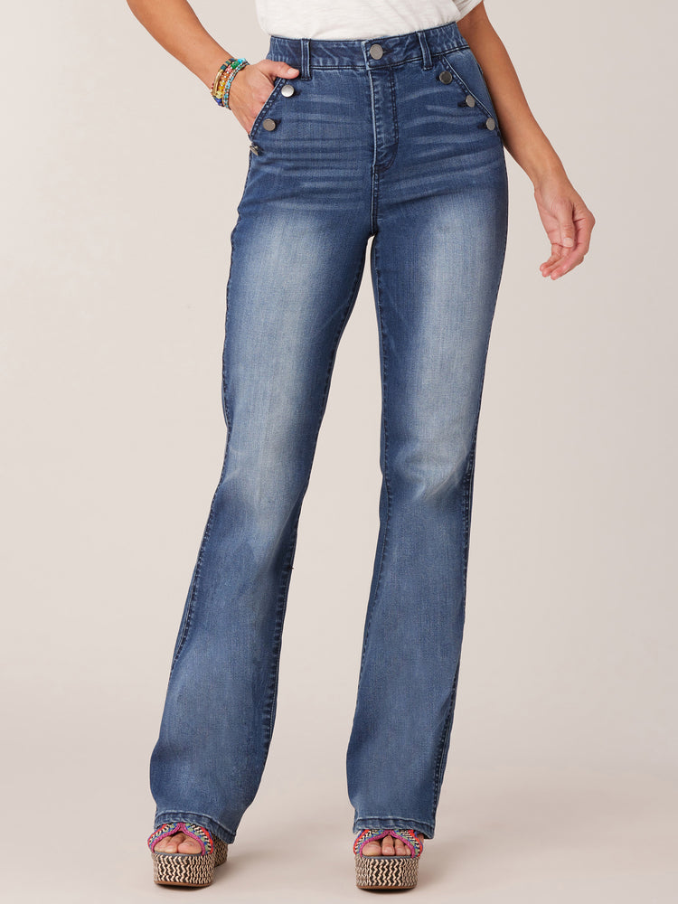 34 Inch Inseam Long Blue Absolution Skyrise Long Flare Jean