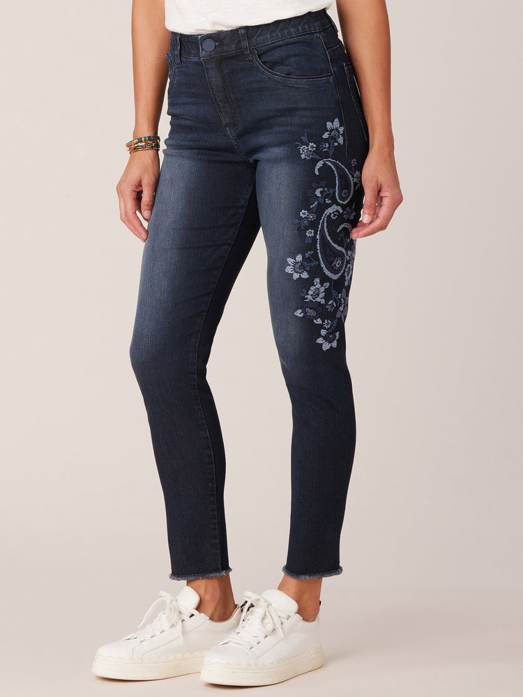 Indigo Denim Absolution High Rise Seamless Ankle Skimmer Floral Embroidered Fray Hem Jeans