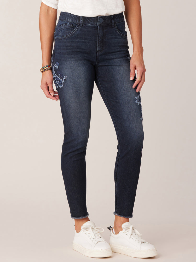 
            
                Load image into Gallery viewer, Indigo Denim Absolution High Rise Seamless Ankle Skimmer Floral Embroidered Fray Hem Jeans
            
        