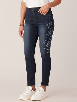 
            
                Load image into Gallery viewer, Indigo Denim Absolution High Rise Seamless Ankle Skimmer Floral Embroidered Fray Hem Jeans
            
        