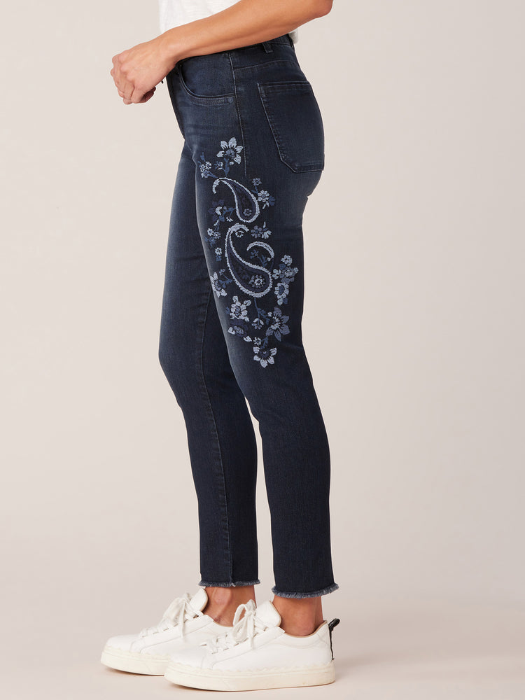 Indigo Denim Absolution High Rise Seamless Ankle Skimmer Floral Embroidered Fray Hem Jeans