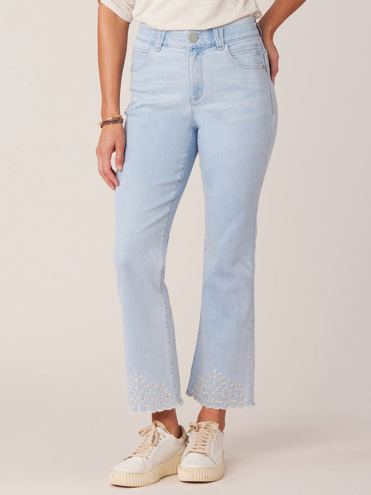 Light Blue Denim Absolution Repreve High Rise Cropped Itty Bitty Boot Flare Embroidered Dye Cut Scallop Edge Hem Jeans