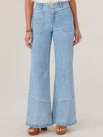 Light Blue Denim Absolution High Rise V Yoke Dual Entry Porkchop Pocket Wide Leg Angled Hem Seam Jeans