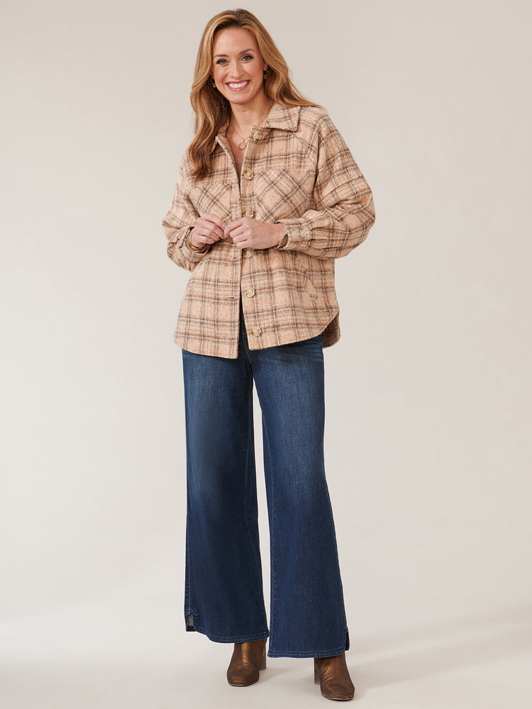 
            
                Load image into Gallery viewer, Oatmeal Brown Plaid Long Blouson Raglan Sleeve Button Front Jacket
            
        