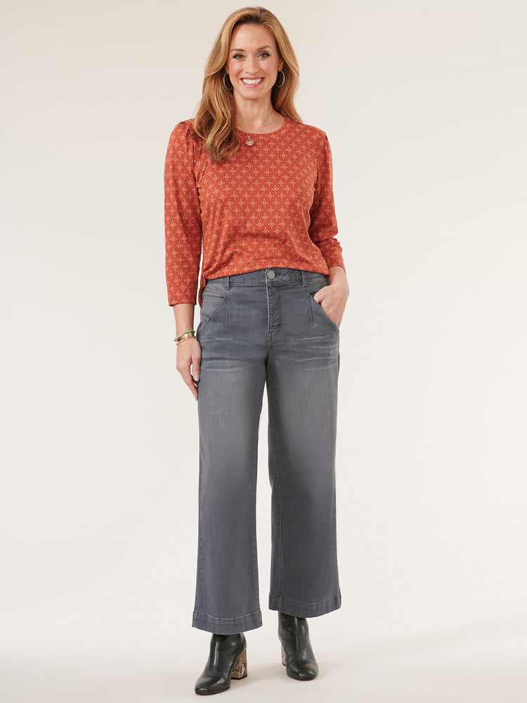 
            
                Load image into Gallery viewer, Cayenne Pepper Three Quarter Puff Sleeve Scoop Neck Print Knit Top
            
        