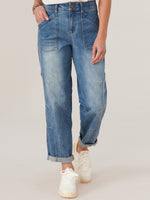 Blue Denim Absolution High Rise Barrel Leg Side Panel Roll Cuff Jeans