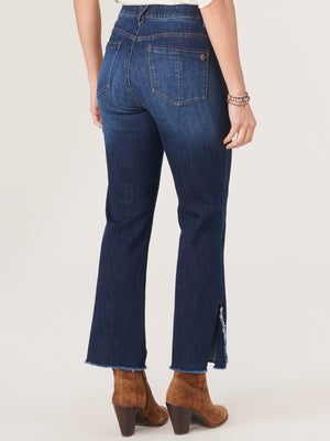Indigo Vintage Denim "Ab"solution High Rise Distressed Cropped Fray Split Curve Hem Barely Boot Jeans