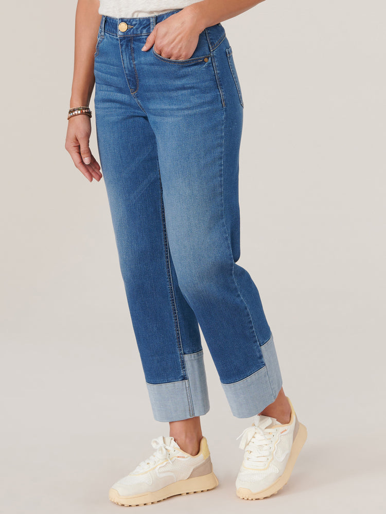 Mid Blue Denim "Ab"solution High Rise Round Up Reverse Fixed Cuff Boyfriend Jeans