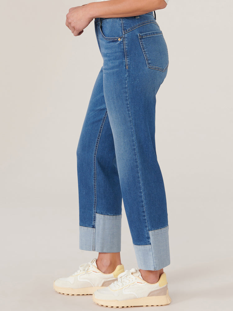 
            
                Load image into Gallery viewer, Mid Blue Denim &amp;quot;Ab&amp;quot;solution High Rise Round Up Reverse Fixed Cuff Boyfriend Jeans
            
        