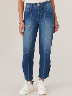 
            
                Load image into Gallery viewer, Blue Denim &amp;quot;Ab&amp;quot;solution Skyrise Angled Pocket Pleat Hem Barrel Leg Pant Jeans
            
        