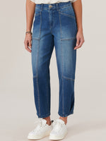 Blue Denim "Ab"solution Skyrise Angled Pocket Pleat Hem Barrel Leg Pant Jeans
