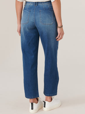 
            
                Load image into Gallery viewer, Blue Denim &amp;quot;Ab&amp;quot;solution Skyrise Angled Pocket Pleat Hem Barrel Leg Pant Jeans
            
        