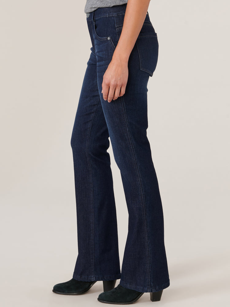 
            
                Load image into Gallery viewer, Indigo Denim &amp;quot;Ab&amp;quot;solution Mid-Rise Itty Bitty Boot Double Side Seam Jeans
            
        