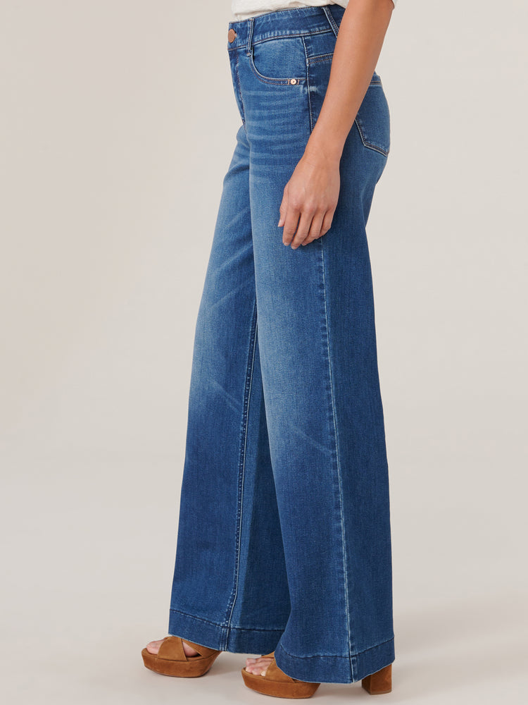 
            
                Load image into Gallery viewer, Blue Denim Absolution High Rise Wide Leg Whiskered Faded Petite Jean
            
        
