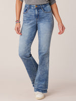 Mid Blue Denim Absolution High Rise Itty Bitty More Boot Double Fray Hem Faded Distressed Jeans