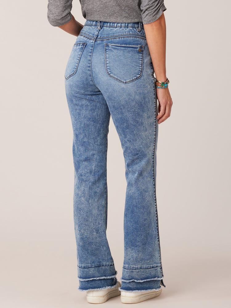 Mid Blue Denim Absolution High Rise Itty Bitty More Boot Double Fray Hem Faded Distressed Jeans